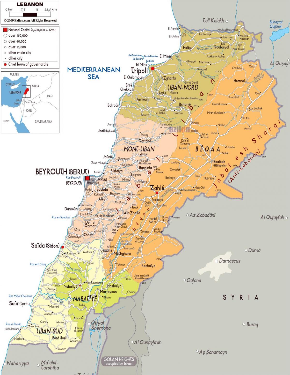 レバノン地図の詳細