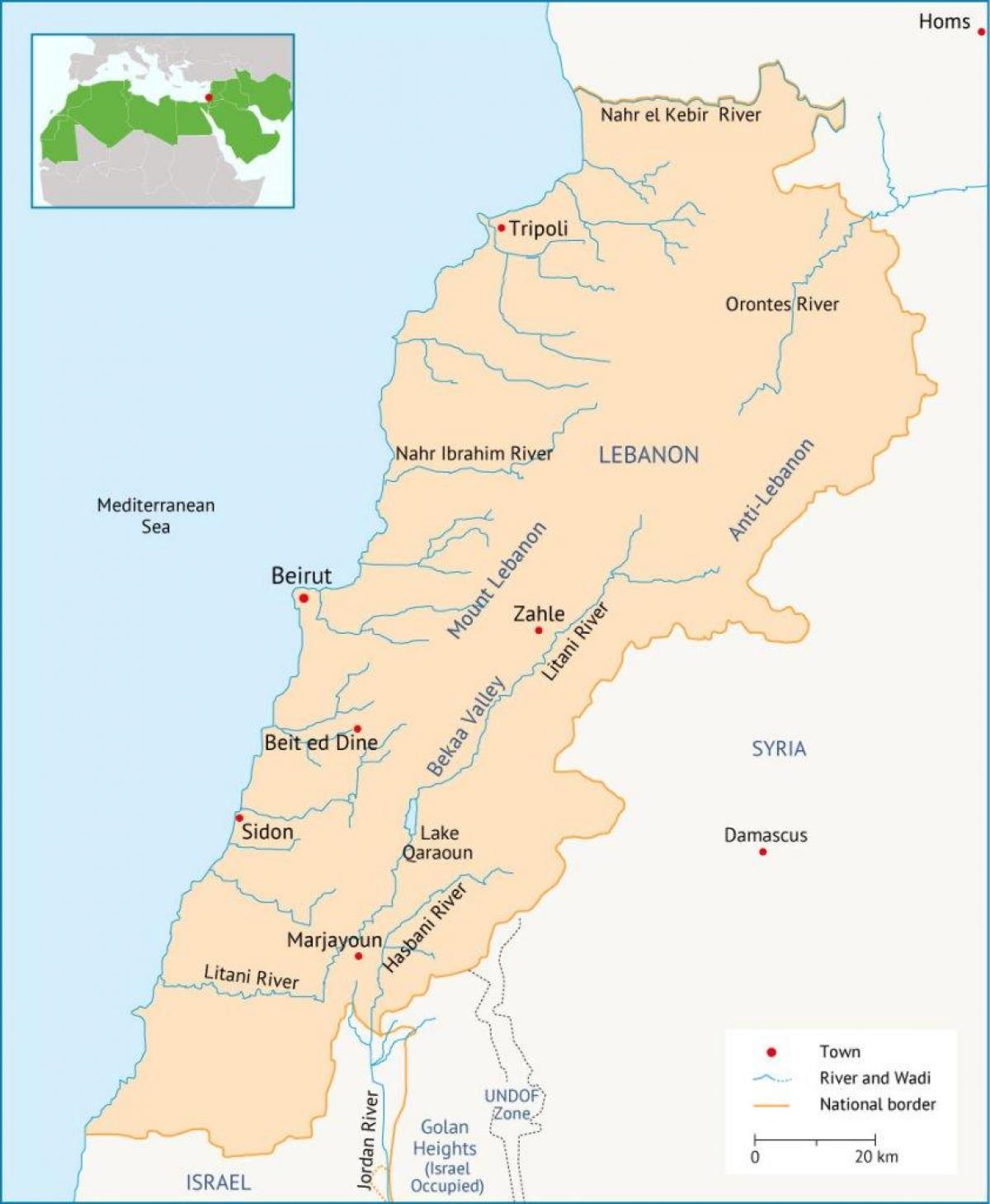 レバノンの河川の地図